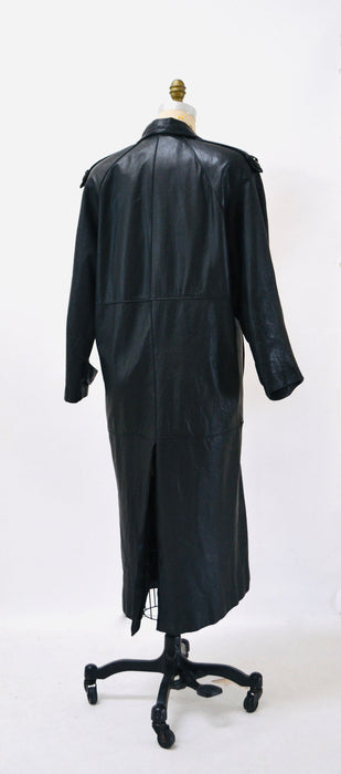 80s 90s Gorgeous Vintage Black Leather Jacket Trench Coat Long Black Leather Jacket Small Medium // Vintage Black Leather Trench Coat Jacket