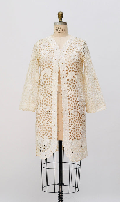 Vintage Cream Off White Cotton Eyelet lace Jacket Duster Cream Lace Jacket Beach Cover up Small Medium Lace Beach Wedding Jacket Rustans
