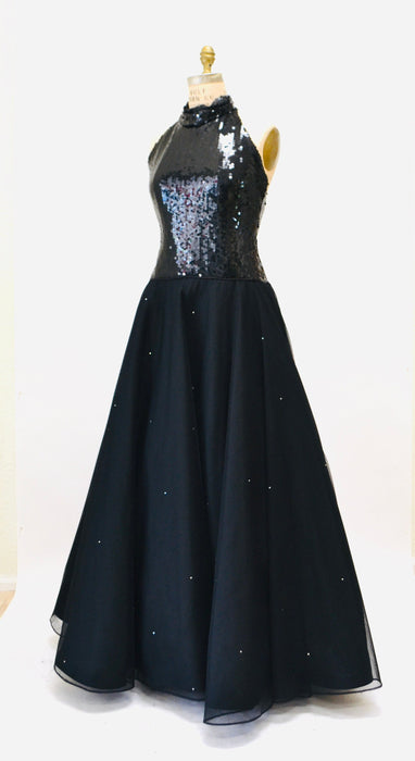 80s 90s Vintage Black Sequin Halter Neck Sequin Dress Cocktail Party Dress Rose Taft Small// 80s Glam Black Pageant Dynasty Dress Ball Gown