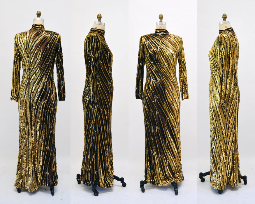 80s 90s Vintage Black Gold Beaded Sequin Gown Dress Bob Mackie Gold Black Tiger Stripe Long Sleeve Sequin Pageant Dress Cher Medium Large