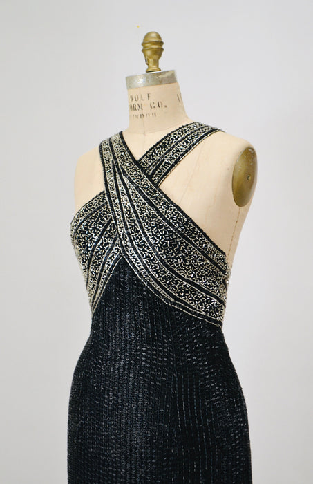 90s Vintage Black Silver Beaded Fringe Showgirl Dress Small Medium // 90s Black Silver Beaded Tank Dress Party Fringe Dress Flapper Dress