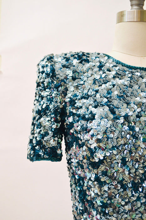 80s 90s Glam Vintage Blue Sequin Dress Size Small Blue Metallic Sequin 80s 90s Prom Party Dress// 80s Vintage Blue Trophy Pageant Dress