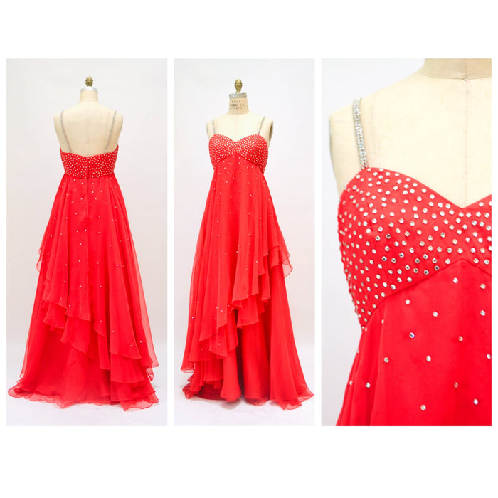 Vintage 70s Red Rhinestone Evening Gown Party Dress Chinese Wedding Dress 1970s Red Ruffle Dress with Rhinestones Empire Waist