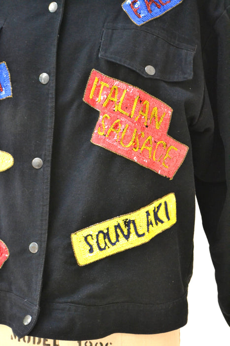 Vintage Sequin Jacket Black with Hot dog Carnival Junk Food Large// Vintage Black Sequin Jacket Carnival Coney Island Comic Pop Art By Modi
