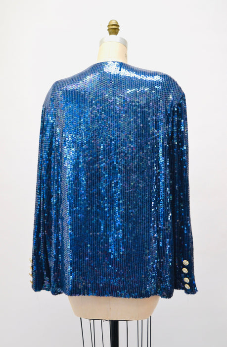 80s 90s Glam Vintage Blue Iridescent Sequin Jacket Large Blue Metallic Gold Rhinestone Buttons Jacket Sequin Jacket Jeanette Kasetenberg