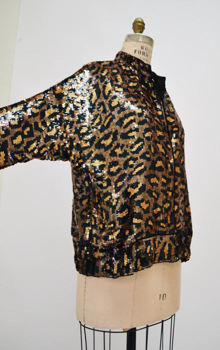 80s 90s Vintage Sequin Jacket Black Small Medium Large Leopard Cheetah Animal Pattern// Glam Vintage Black Sequin Jacket Animal Modi Medium