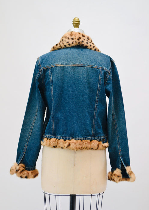 90s y2k Vintage Fur Trim Denim Jacket Leopard Print Fur Collar Jean Jacket 90s Y2k Jean Jacket Animal Leopard Print Fur Denim Jacket Medium