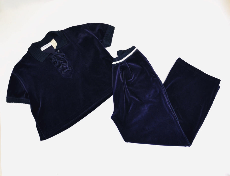 Vintage 90s Sonia Rykiel Navy Blue Velvet Velour Track Suit Nautical Beach Loungewear Sweat Shirt Sweatsuit Wide leg Pants Made in Paris