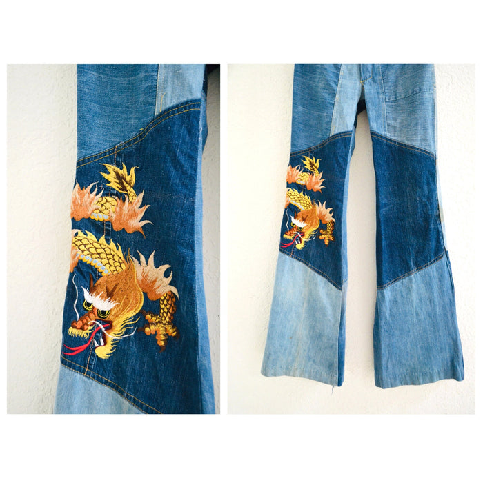 70s Authentic Vintage Patchwork Denim Shirt Bell Bottom Jeans Pants Embroidered Dragon Jeans Denim Shirt Set XS Small Paradox Bloomingdales