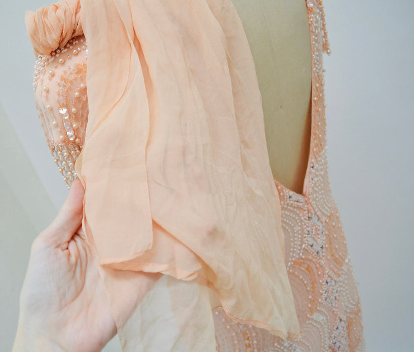 Vintage Peach Silk Beaded Sequin Evening Gown Dress Medium Large// 80s 90s Peach metallic Beaded Showgirl Fringe Dress Medium Large Sho Max