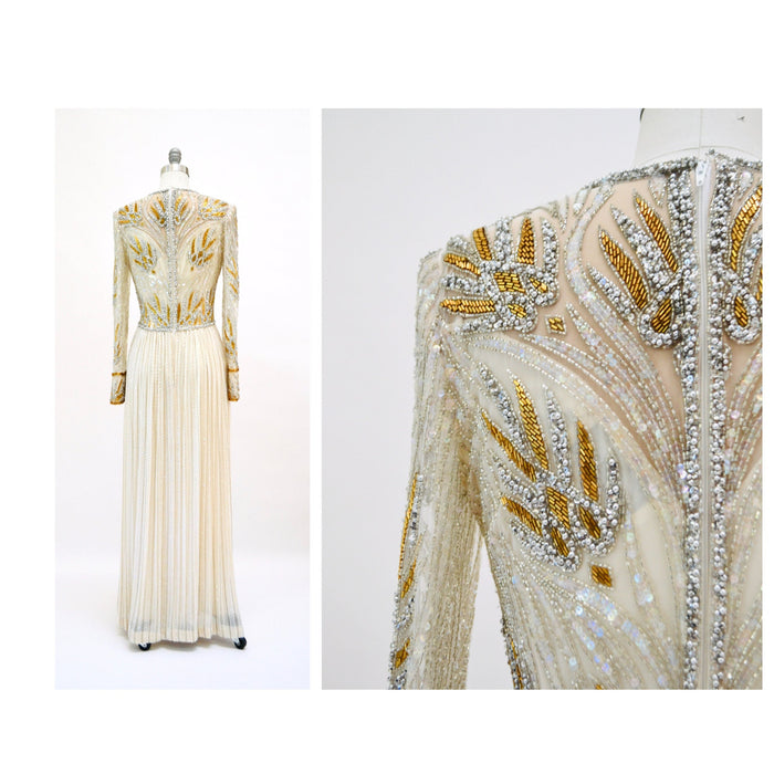 80s 90s Vintage Silver Gold White Cream Beaded Gown Dress Small Medium Bob Mackie Silk// Vintage Wedding Gown Beaded Art Deco Gown Small