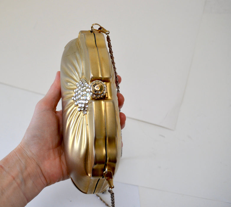 90s Vintage Metallic Gold Metal Clutch Evening Bag Hard Case with Crystals// Vintage Gold Wedding Clutch Metal Evening Bag Gold Clutch