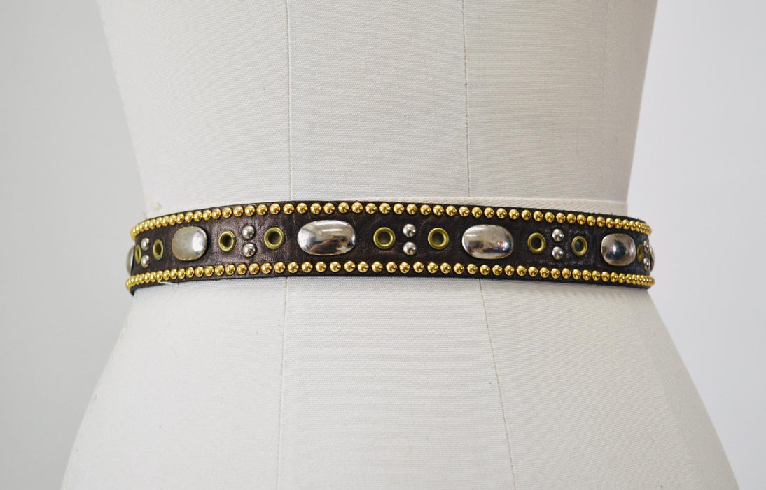 90s 2000s Vintage Gold Rhinestone Belt Brown Leather Gold Rhinestone Belt Small 29" Rhinestone Studded leather Belt