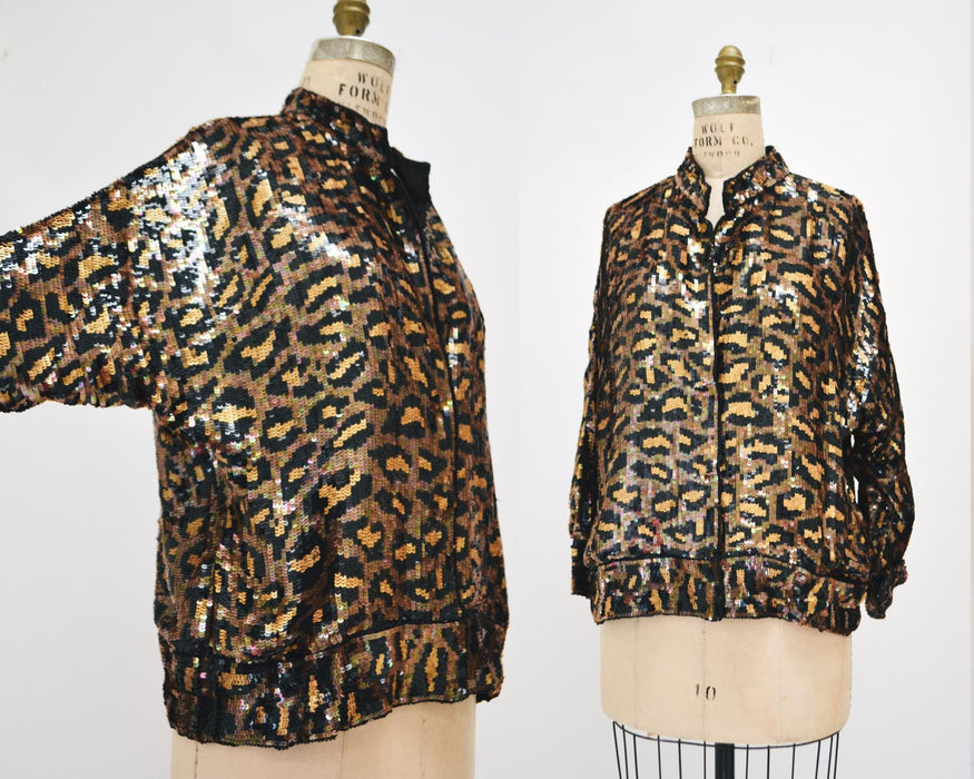 80s 90s Vintage Sequin Jacket Black Small Medium Large Leopard Cheetah Animal Pattern// Glam Vintage Black Sequin Jacket Animal Modi Medium