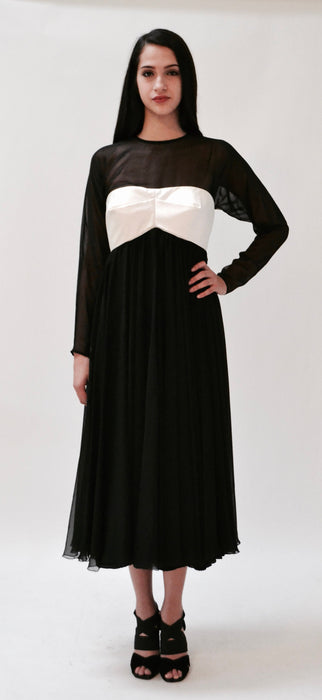 80s 90s Vintage Black white Evening Gown Dress Black White Party Dress Chiffon Long Sleeves Small Medium Empire Waistline Dress