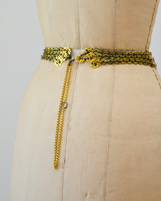 80s 90s Vintage Gold Chain Flower Sun Belt Gold Metallic Chain Heart Love SUN Zeus Charm Belt size SMALL Medium Glam Wedding Belt Criscione