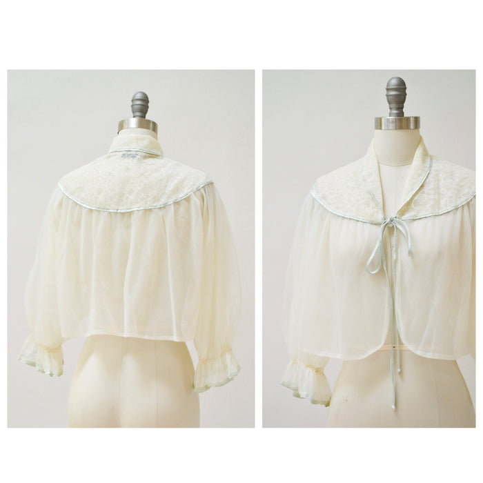 60s 70s Vintage Peignoir Sheer Top Nightgown White Blue Shirt Small Medium Wedding Honeymoon Nightgown // Vintage Lingerie Peignoir Kathryn