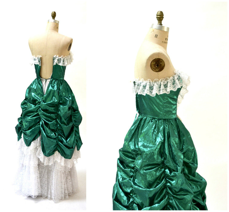 Vintage 80s Prom Dress Ball Gown XS Small Metallic Green St Pattys Day// Metallic Party Dress Green White Southern Bell Pageant Dress