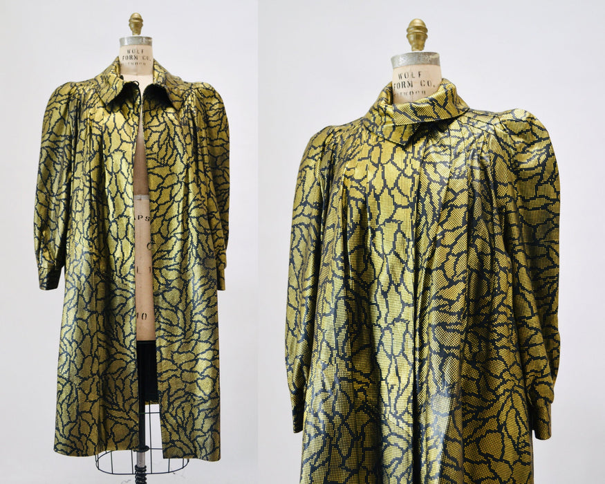 80s Vintage Black Gold Long Leather Jacket Trench Coat Black Gold Metallic Leather Swing coat Jacket Medium 80s Lillie Rubin Size 8