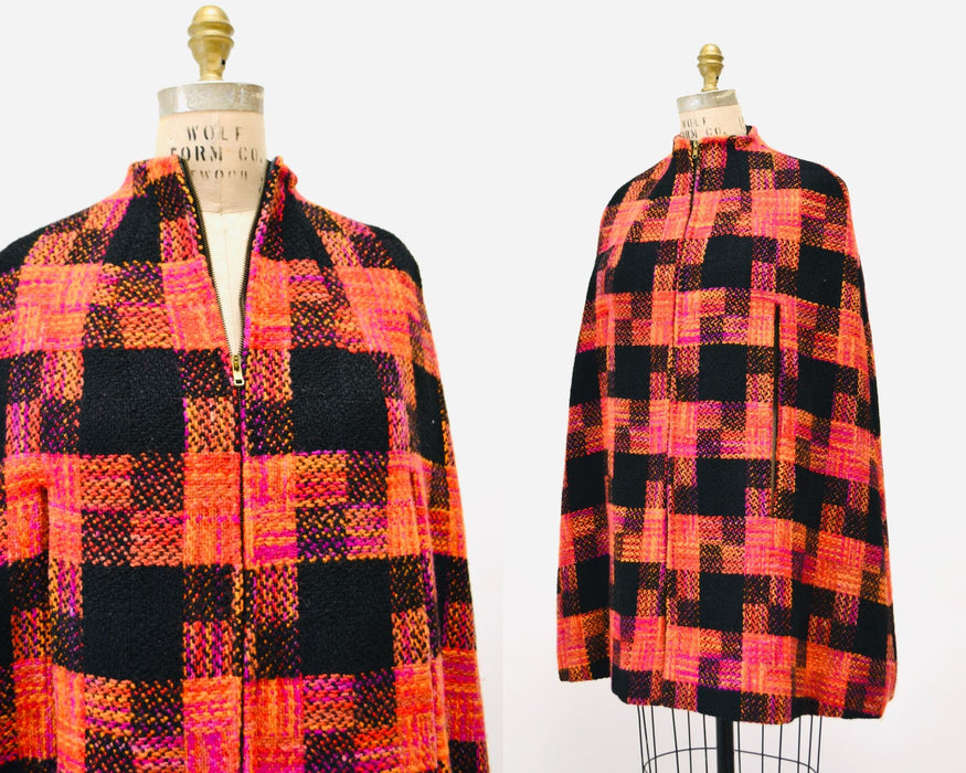 70s Vintage Pink Black Plaid Wool Cape Poncho // 70s Vintage Pink Orange Black Cape Wool Jacket Coat Penny Lane 70s Jacket