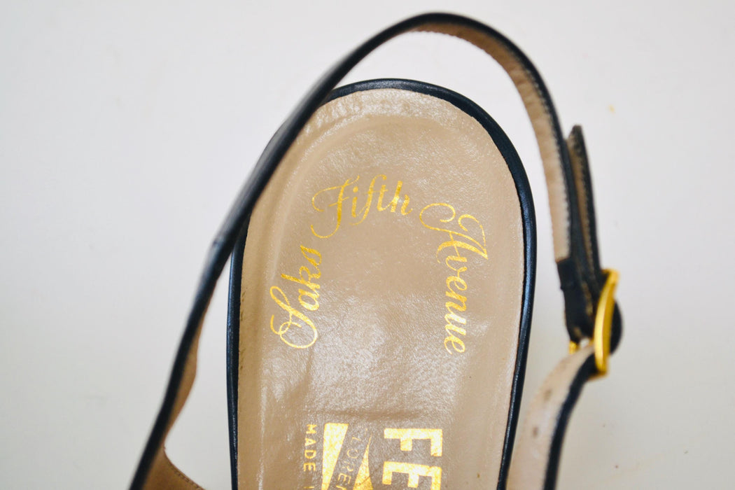 Vintage Salvatore Ferragamo Navy Blue Low High Heels Shoes 8 1/2 AAA Navy Blue Leather Sling Back High Heel Vintage Ferragamos Made in Italy