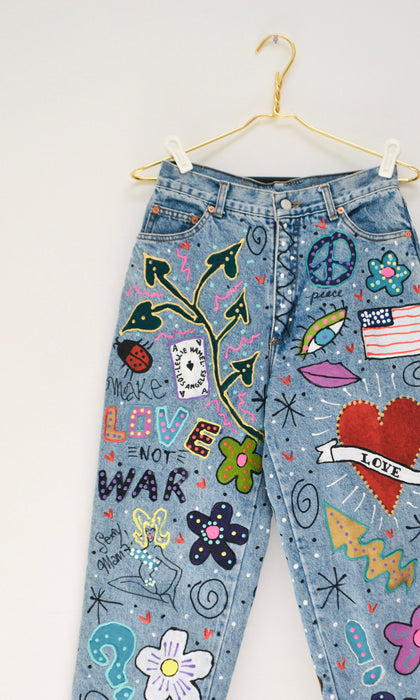 80s Vintage Madonna Jeans by Leslie Hamel Pants Levis Hand painted Love Peace 80s Madonna Vintage Pants Vintage Levis Jeans Small Medium