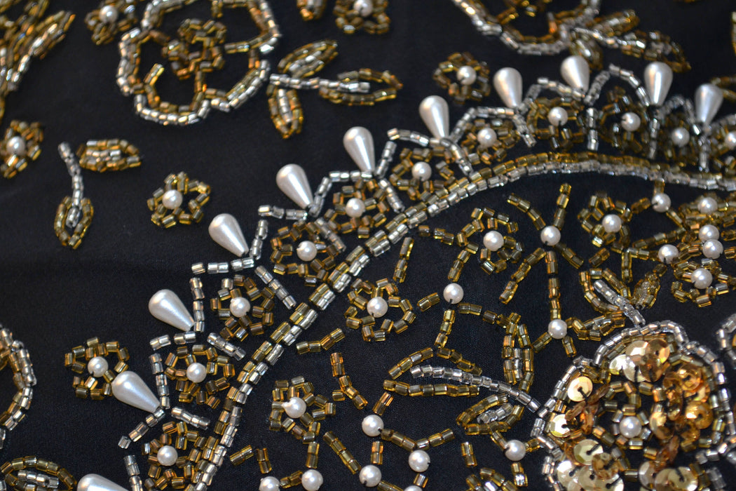 VIntage Black Sequin Dress Beaded Fringe Dress Medium Large// Black Beaded Fringe Dress Flapper Inspired Silk Dress Gold silver Pearls Dress