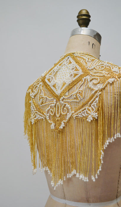 Vintage Gold Beaded Pearl Shawl Wrap Burlesque Wedding Flapper Gold Metallic Beaded Vintage Fringe Collar Shawl GOld White Pearl Sharmark