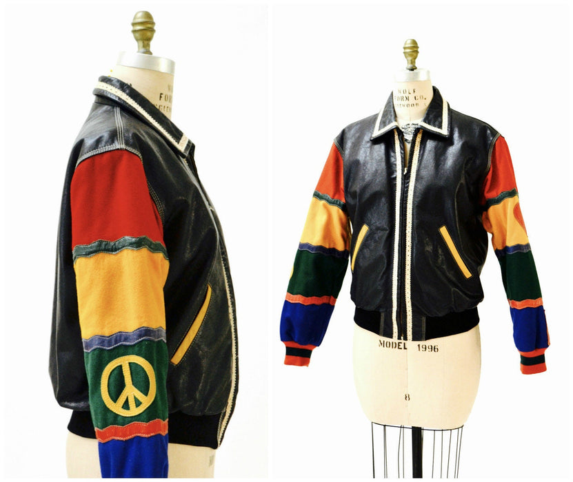 Vintage Moschino Leather Jacket Black Love Peace Heart Red and Black Navy Moschino Jeans ITaly Pop Art Rainbow Gay Pride Leather Jacket