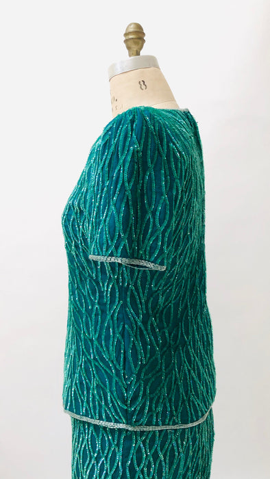 80s 90s Vintage Sequin Top Skirt Dress Set Medium 80s 90s Glam Skirt Top Dress  Blue Green Teal  90s Party Dynasty Flapper Costume