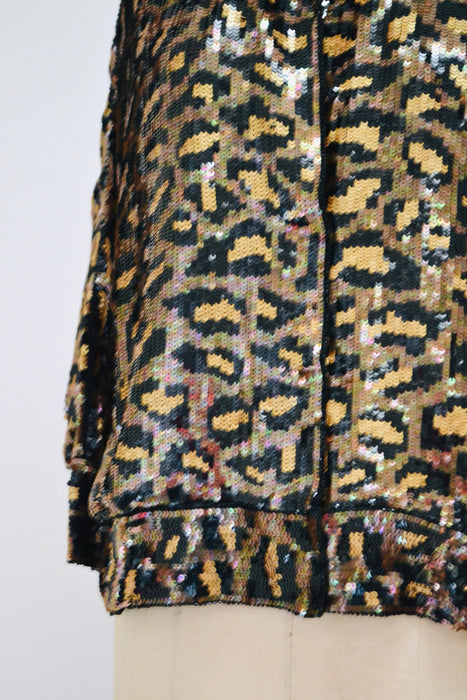 80s 90s Vintage Sequin Jacket Black Small Medium Large Leopard Cheetah Animal Pattern// Glam Vintage Black Sequin Jacket Animal Modi Medium