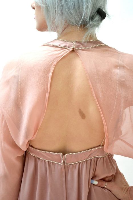 70s 80s Vintage Draped Goddess Gown Pink Silk Small// 80s Vintage Wedding Evening Gown Dress Grecian Bride in Pink Silk with Rhinestones