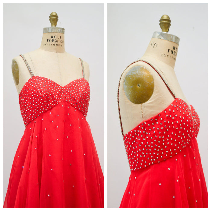 Vintage 70s Red Rhinestone Evening Gown Party Dress Chinese Wedding Dress 1970s Red Ruffle Dress with Rhinestones Empire Waist