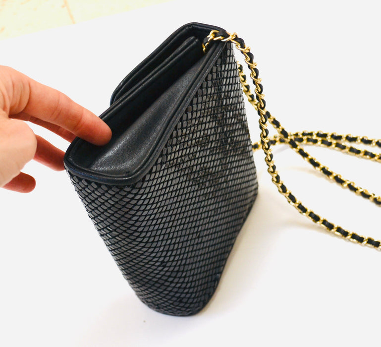 80s Vintage Black Evening Bag Purse Black Metallic Metal Whiting and Davis // Vintage Black Mesh Gold Chain Metallic Purse Small Evening Bag
