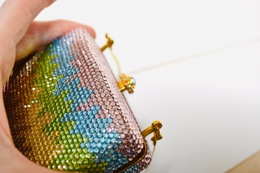 90s Vintage Metal Crystal Evening Bag Swarovski Crystal Rainbow Pastel Pink Blue Gold Evening Bag K Baumann 90s Small Crystal Evening Bag