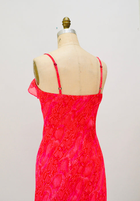 Vintage Betsy Jonhson Dress 00s Y2K Bias Cut Pink Red Dress Snake Print Chiffon Slip Dress Medium Large// 90s Pink Snake Print Tank Dress