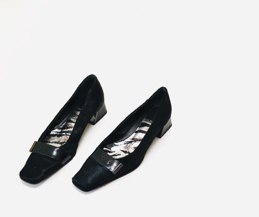 Vintage 90s Black Pony Hair Pumps Black High Heels Size 37 7 Square Toe Vintage Black Low Heel Fur Pony Hair Heels Loafers Shoes Baldan
