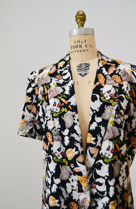 90s Vintage Bunny Jacket Nicole Miller Silk Jacket Large XL with Bunny Rabbits// Vintage Animal Print Silk Jacket Blazer Easter Bunny Jacket