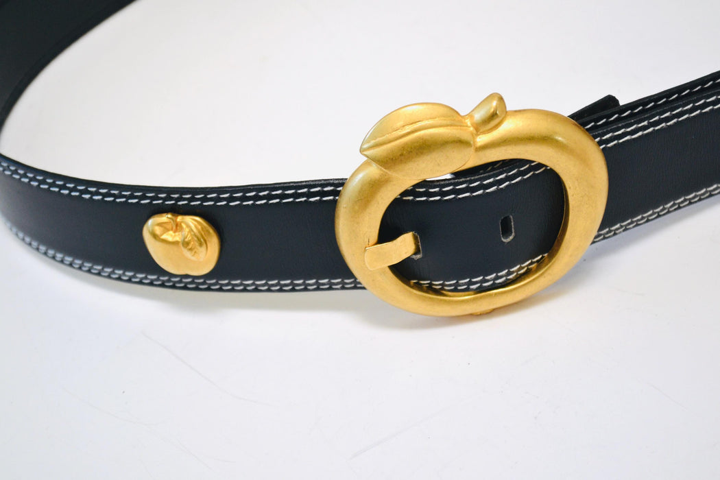 80s 90s Vintage ESCADA Apple Belt Gold Metallic Navy Blue Leather Belt size 40 Medium Large 80s Glam Navy Gold Belt Apple Fruit Teacher