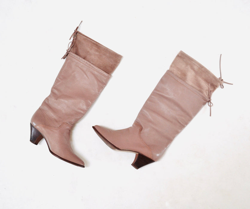 80s Vintage Nude Brown Leather High Heel Boots Size 7 Pointed Toe Boots Slouchy Brazil // Vintage Size 7 Leather Boots 1st Edition Classics