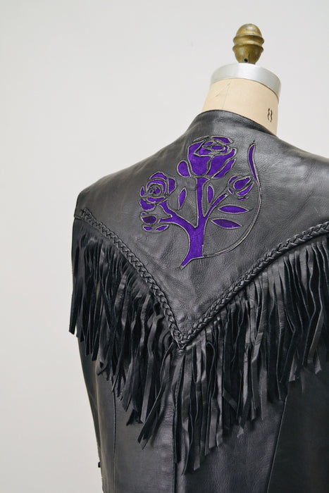 80s 90s Vintage Black Leather Fringe Vest Large PUprle Rose Fringe leather Vest Cowboy Cowgirl Rodeo Biker Festival Vest Large XL