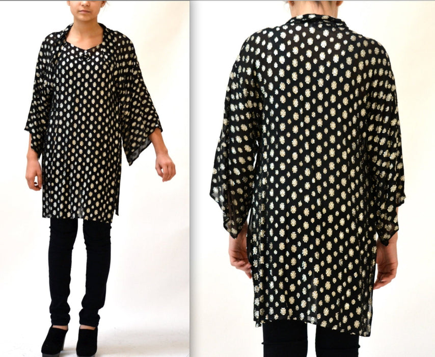 Vintage Metallic Black Silver Polka Dot Tunic Top Small Medium// Sheer Black Shirt Silver Metallic Beach Cover Up By Helene Sidel