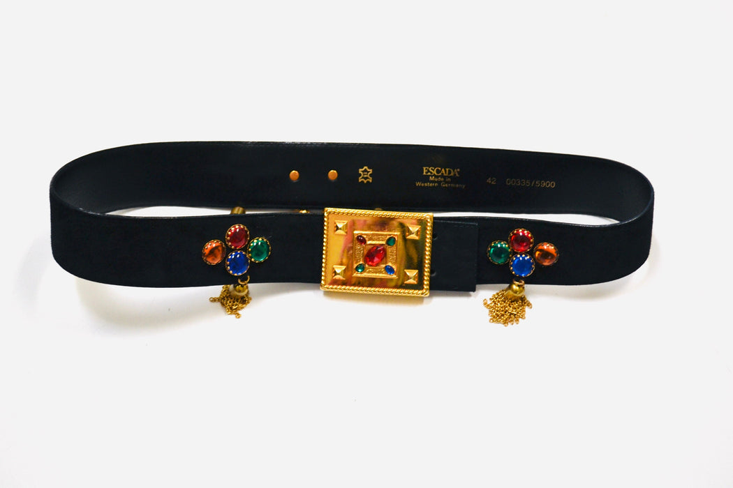 80s 90s Vintage ESCADA Black Gold Gemstone Belt Metallic Chain Fringe Black Leather Belt size 42 Medium Large 80s Glam Wide Black Gold Belt