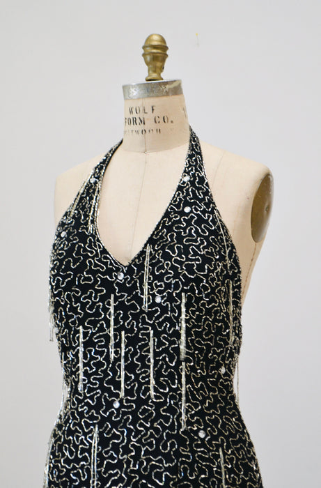 90s Vintage Black Silver Beaded Fringe Showgirl Dress Medium // 90s Black Silver Beaded Halter Dress Party Fringe Flapper Dress Nite line