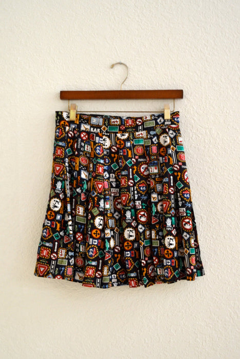 90s Vintage Printed Wrap Skirt Silk Tennis by Nicole Miller with Road Street Signs//  Vintage Pleated Skirt in Silk with Traffic Signs