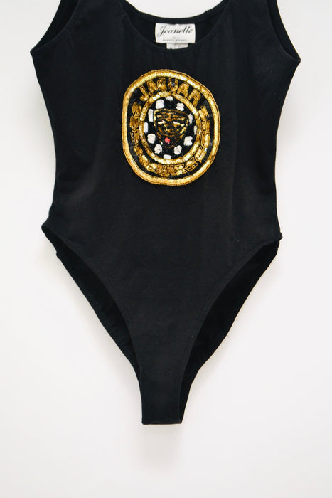 90s Black Sequin Body Suit Knit Body Suit Leotard High Cut 80s 90s body Suit with Sequin Jaguar Car Logo By Jeanette Kastenberg Small Medium