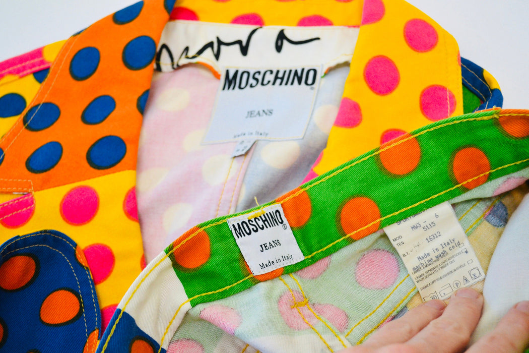 90s Vintage Moschino Jeans Polka Dot Suit Cropped Jacket Jeans Pants With Rainbow Polka Dot Print Size Small Medium Fashion Pop Art