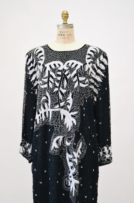 80s GLAM Vintage Black White Sequin Party Dress XL X Large// Vintage Black Sequin Dress Flapper Disco 3X Plus Size Vintage Beaded dress