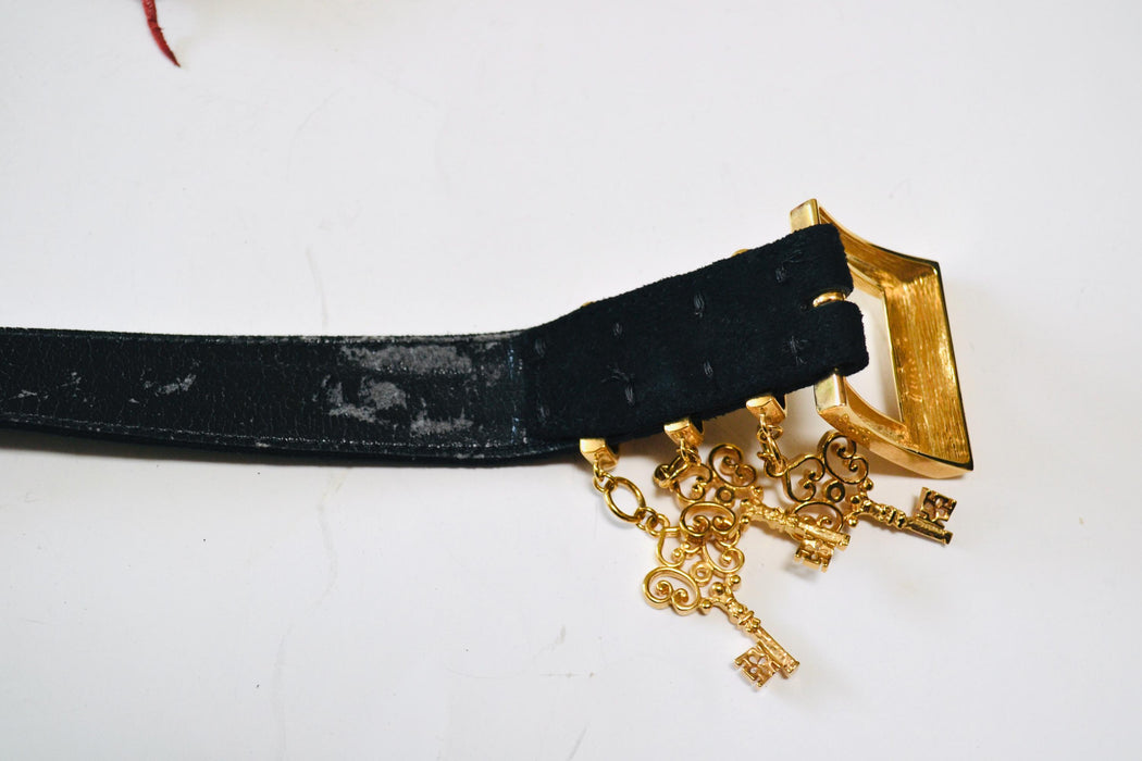 90s Vintage Gold Key Charm Black Leather Belt St John Wedding 90s Gold Black Leather Belt With Keys Small Medium Gold Black Designer Belt