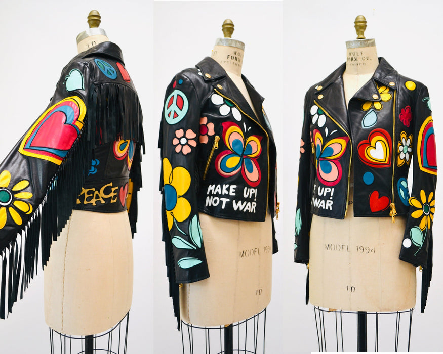 2000s Black Leather Jacket by Moschino with Fringe Make love Not War Heart Flowers Peace Small Medium// Black Leather Biker Fringe Jacket